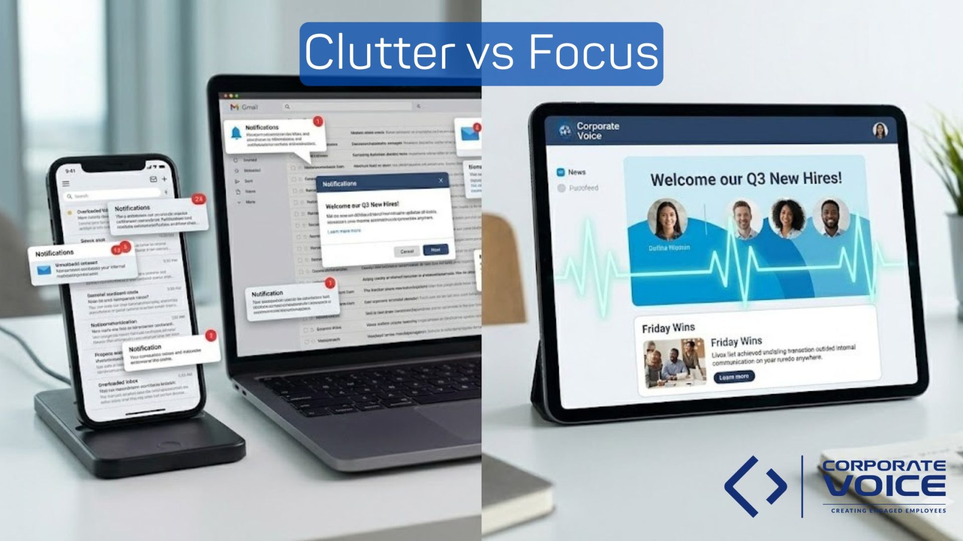 Why Employee Communication Software is the Missing Link for Your 2026 Intranet 1 A side-by-side comparison of a cluttered email inbox versus a clean, visual employee communication update on a tablet.
