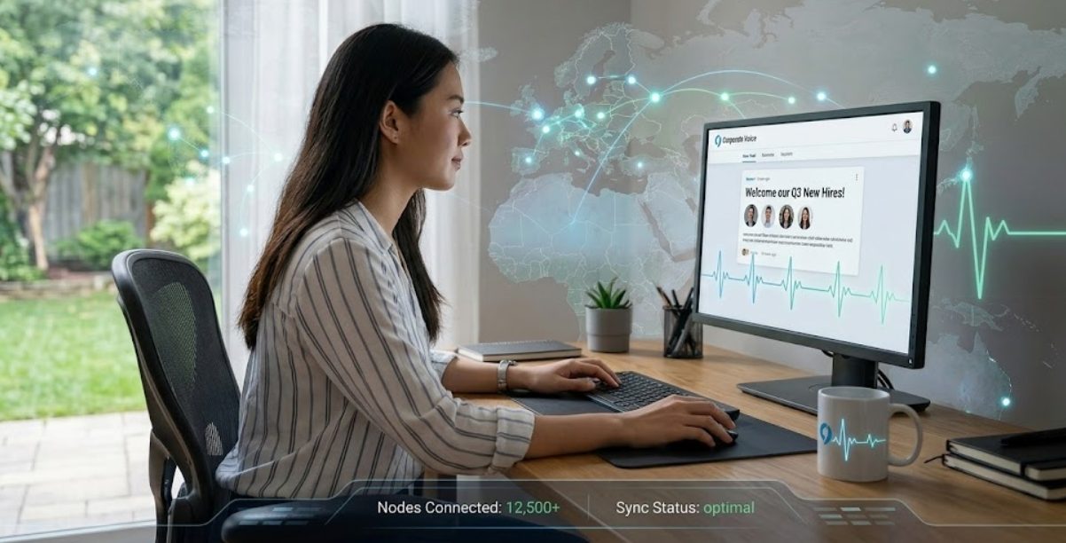 The Role of Employee Engagement Software in Scaling Large Enterprise Communications 1 A remote worker at a home desk looking at a non-intrusive company news feed on their secondary monitor.