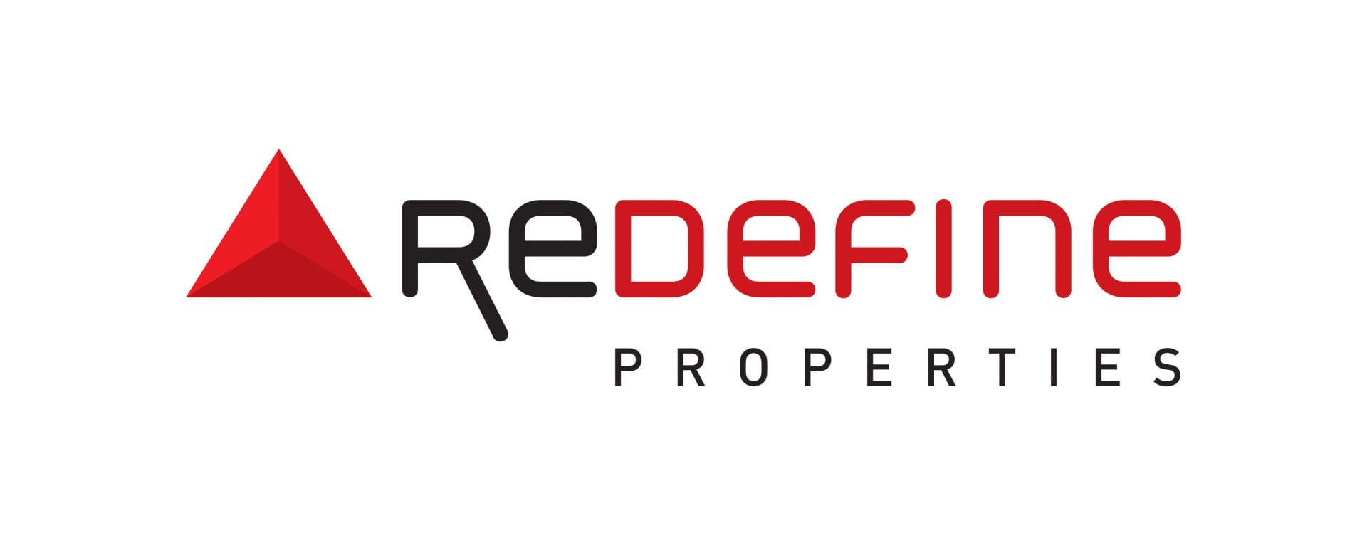 Logo with a red triangular shape on the left and the words "ReDefine" in black and red stylized font; "PROPERTIES" in black, spaced capitals below. Designed for corporate voice clients, this logo stands out on a white background for a modern, professional appeal.