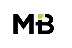 Black letters "M" and "B" are on a light gray background. The "B" has a small green square above its top left curve, creating a modern, geometric design that connects the two letters visually and conveys a sense of professionalism suited for corporate voice clients.