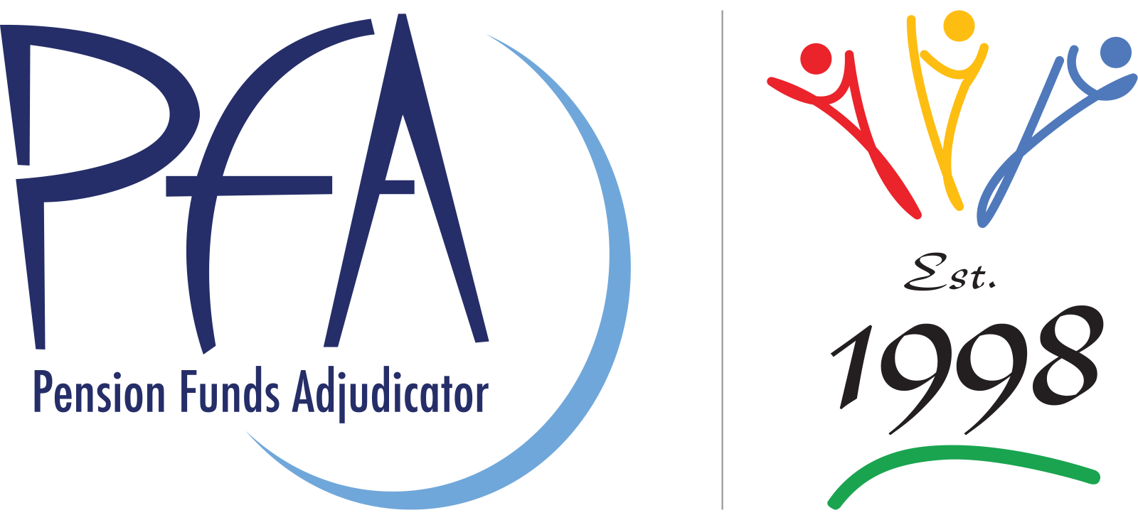 Logo with text: "PFA Pension Funds Adjudicator." Right side shows colorful abstract figures above "Est. 1998" with a green curved line below, all on a light background, reflecting a corporate voice that resonates with clients seeking trust and professionalism.
